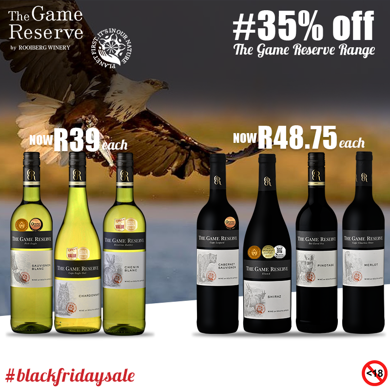 RooibergWines's tweet photo. This year #BLACKFRIDAY is about #wineswithacause
35% off The Game Reserve range
Available 15, 22 &amp; 29 November, exclusive to Rooiberg Tasting Room
T&amp;Cs Apply
Help preserve our natural heritage with wines that support the @WildernessFdnSA  
#bepartofit https://t.co/JZ4g5I3Dtu