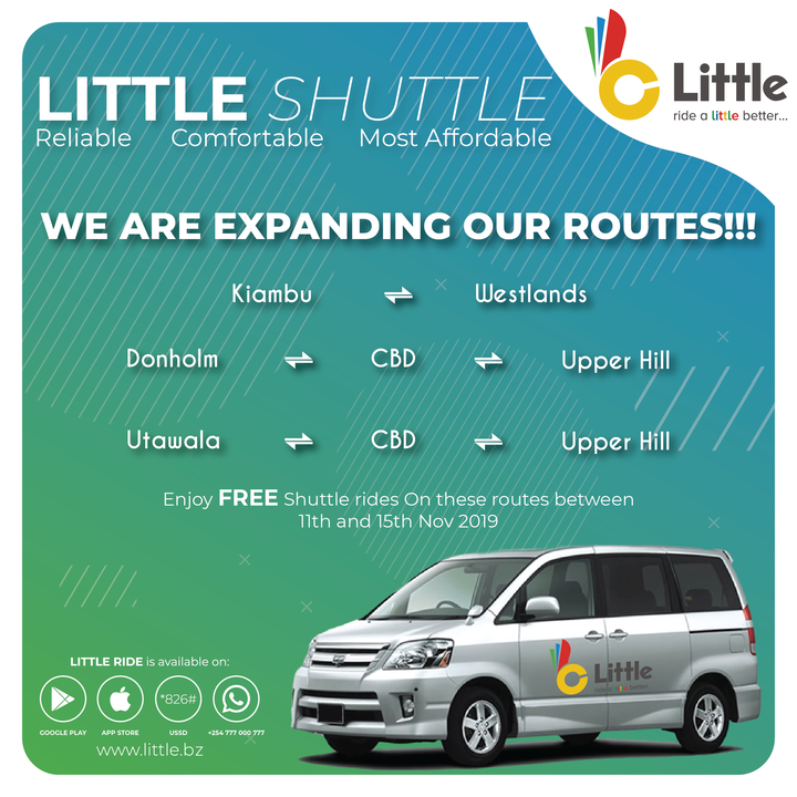 LittleAppKenya's tweet photo. The Little Shuttle is growing and expanding to new routes for the most affordable fares with the most convenient pick up and drop off points. Download the Little app on Playstore/AppStore to book a Little Shuttle. Ease your daily commute and #RideALittleBetter
#BetterWithLittle https://t.co/13PXztmbZF