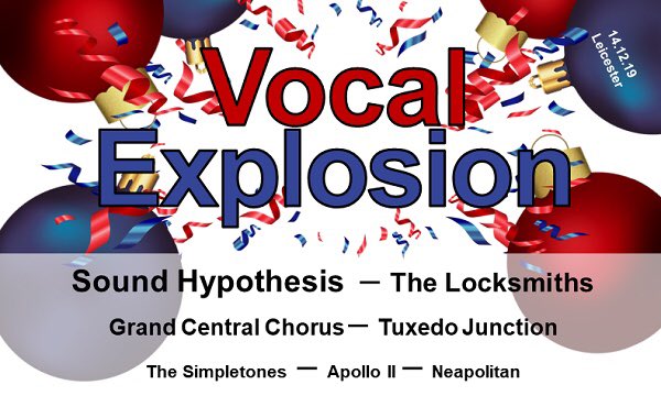 #VocalExplosion with <a href="/SoundHypothesis/">Sound Hypothesis</a>, <a href="/TheLocksmithsQT/">The Locksmiths</a>, @GrandCentralMen, <a href="/tuxjuxchorus/">Tuxedo Junction</a>, <a href="/TheSimpletones/">The Simpletones</a> + more in #Leicester 14.12.19 facebook.com/events/s/chris…