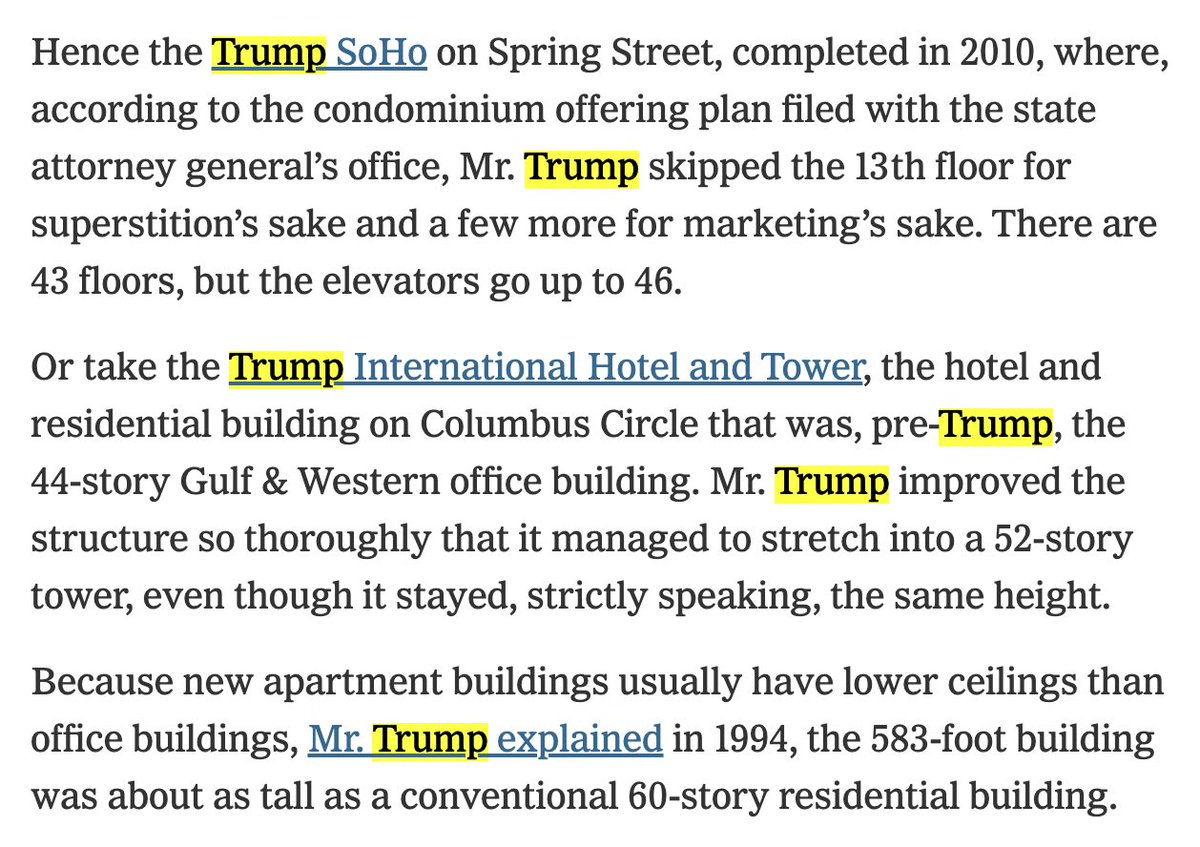 For example, this 1000-word story about Clinton's emails mentions "Clinton" 26 times https://www.nytimes.com/2016/05/26/us/politics/hillary-clinton-emails-campaign-trust.htmlThis 1,560-word story about Trump's real estate mentions "Trump" 52 times. At least 20 of those times are part of a brand name, like "Trump SoHo" and Trump Tower...