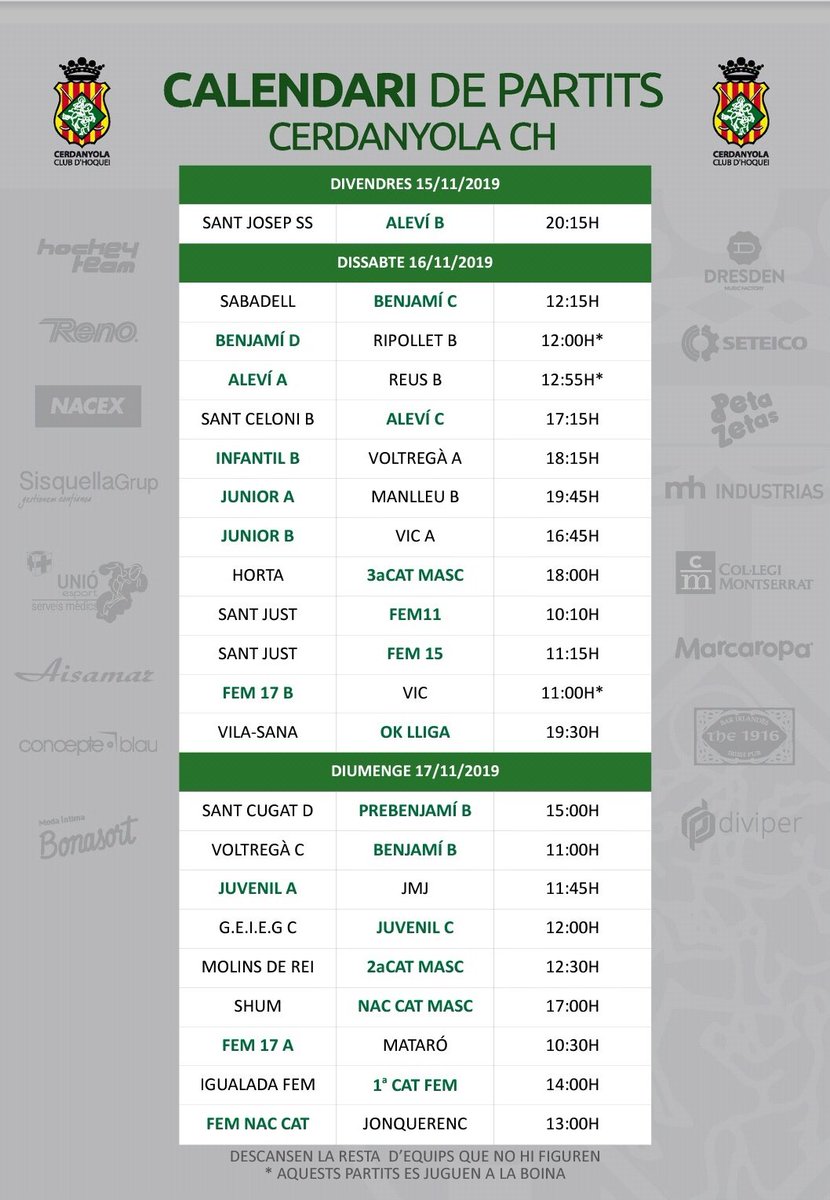 Partits i horaris @Hoqueisarda per aquest cap de setmana. Molta sort a tots! #sardaale #hoqueipatins @EsportsSarda