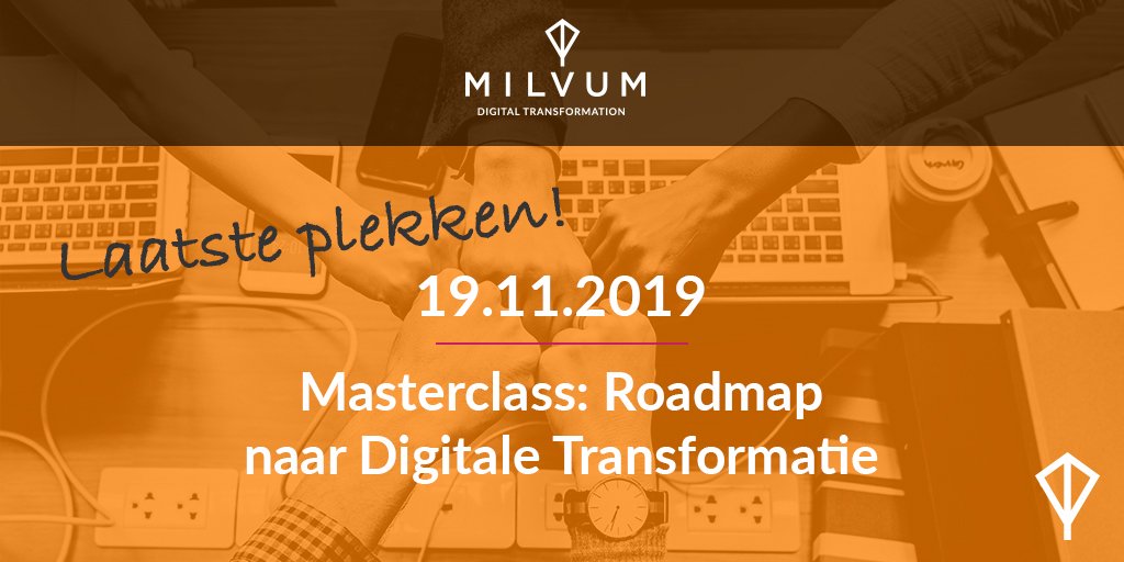 Claim je plek!
Jouw actiegerichte roadmap naar Digitale Transformatie. Laat je inspireren onder het genot van een drankje op 19 november 2019. Interesse? Registreer dan hier bit.ly/2qyFxsV

#digitaletransformatie
#masterclass
#getinspired  
#Milvum