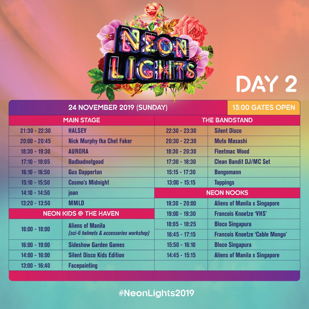 HURRAH! The set times for both Day 1 &amp; Day 2 are finally here! Now you can plan ahead to make the best out of your #NeonLights2019 Festival weekend 😉