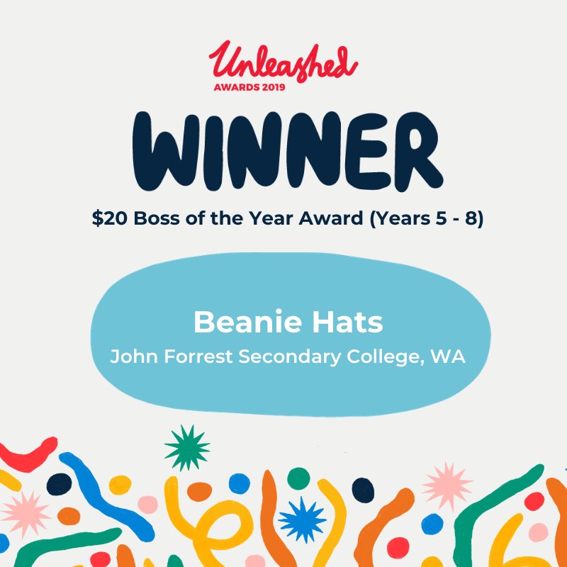fya_org's tweet image. Presented by @HayleyMcQuire, the winner of the National $20 Boss Award for Years 5-8 is Beanie Hats! 👏🏽👏🏽👏🏽#unleashedawards