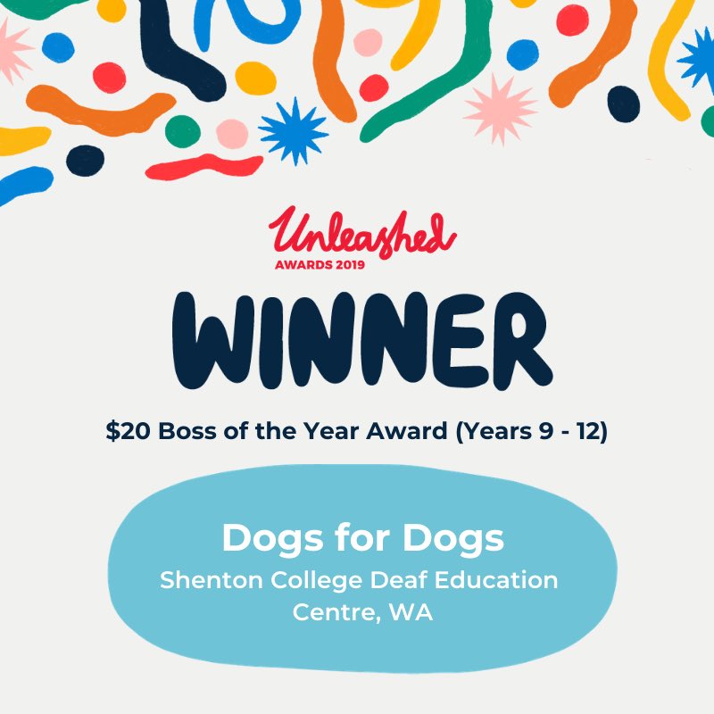 fya_org's tweet image. Presented by one of our young work inspiration students Emily, the winner of the National $20 Boss Award for Years 9-12 is Dogs for Dogs! 🐶 Heaps of apPAWs please! 👋🏽#unleashedawards