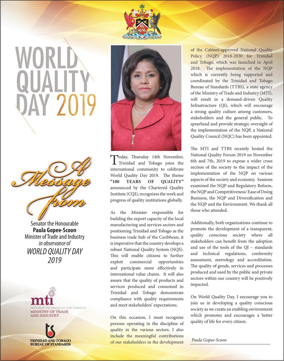 GOTTBS's tweet photo. Today, Thursday 14th November, Trinidad and Tobago joins the international community to celebrate World Quality Day 2019. Visit link to read more - https://t.co/mK0pU1YHOm

#worldqualityday #WQD2019 #100yearsofquality #quality #nationalqualitypolicy #NQP #qualityconscious https://t.co/e3hAZPFvce