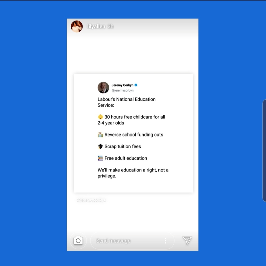 It's not just party leaders. Lily Allen shared this Corbyn tweet with her 1.3m Instagram followers... Meaning a clear, digestible Labour message will be consumed by a lot of people who don't use Twitter.  https://www.bbc.co.uk/news/uk-politics-50351821