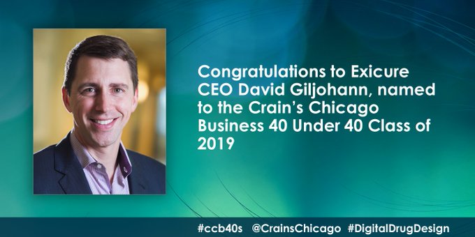Abingworthbio's tweet image. Portfolio news: Congratulations to @exicure CEO, David Giljohann, for being named to Crain’s Chicago Business 40 Under 40 Class of 2019! 
@CrainsChicago
 #DigitalDrugDesign #ccb40s bit.ly/2qfEVc7