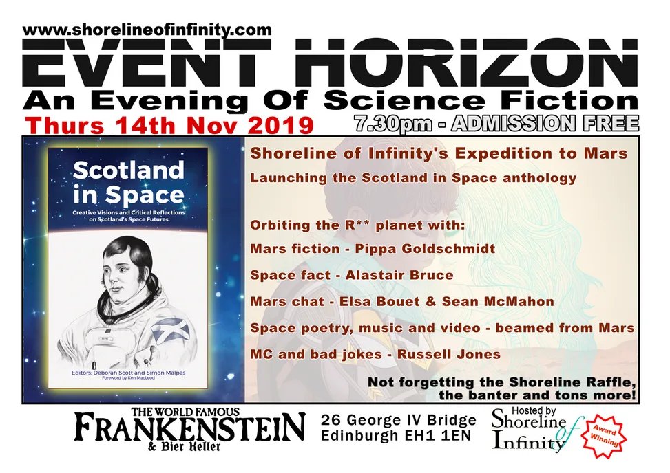 Another free night of #scifi fun in #edinburgh with <a href="/shoreinf/">Shoreline of Infinity 🏖∞</a> - tonight (14 Nov, 7:30pm) we voyage to Mars! FREE. Please share, see you there.shorelineofinfinity.com/event-horizon-…