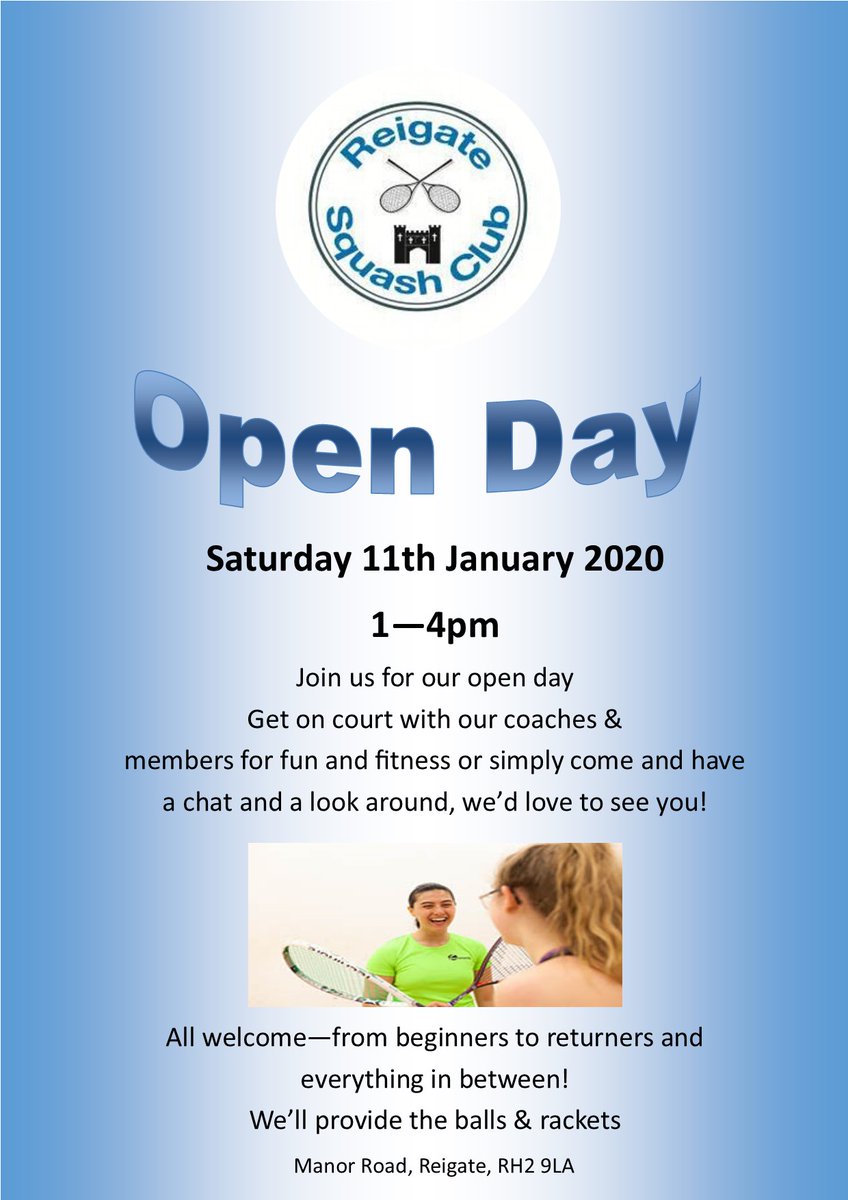 Diary Date!

We're having an open day on Saturday 11th January, 1-4pm.

Come and visit one of Reigate's hidden gems!

You can get on court with our coaches and members or just have a look around our super friendly club and enjoy a cuppa and a chat.

reigatesquash.co.uk