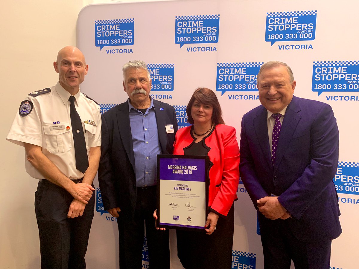 Heartfelt congratulations to Cr.<a href="/KimMcAliney/">Kim McAliney</a> tonight for receiving the prestigious Mersina Halvagis Award 2019 for her outstanding contribution to a safer Victoria and to Crime Stoppers at tonight’s Crime Stoppers Awards. #Wyndham2040