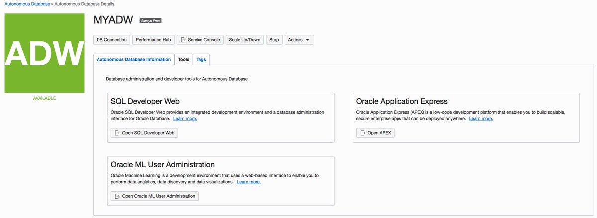 AutonomousDW's tweet image. #AutonomousDataWarehouse console now has #shortcuts to your favorite apps - Click on &quot;Tools&quot; tab for #OneClick access to #SQLDeveloperWeb, #APEX, #MachineLearning SQL notebook manager - #MakingLifeSimpler