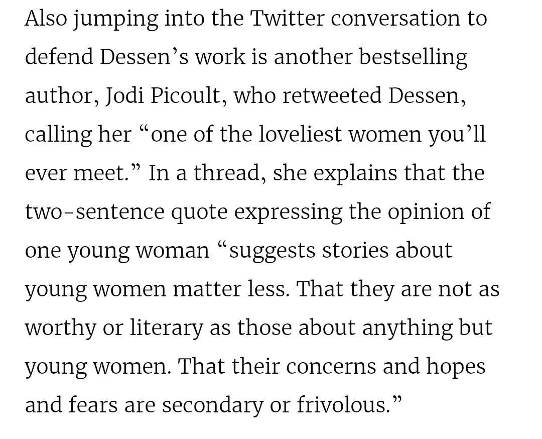 hot take: jodi picoult, bestselling author of books you can buy at airport newsagents as gifts for relatives you don't particularly like, doesn't belong in university literature classes not because her books are about young women, but because they're not very good