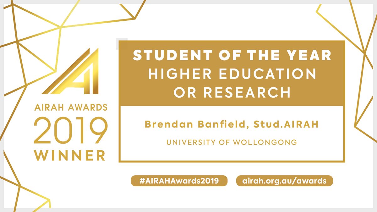 Leading things off for the #AIRAHAwards2019: our winner for Student of the Year – Higher Education or Research, sponsored by Mitsubishi Heavy Industries Australia, is...

Brendan Banfield, Stud.AIRAH, of @UOWSBRC / <a href="/DesertRoseHouse/">Team UOW Australia</a>

More info: bit.ly/2NH5HTx