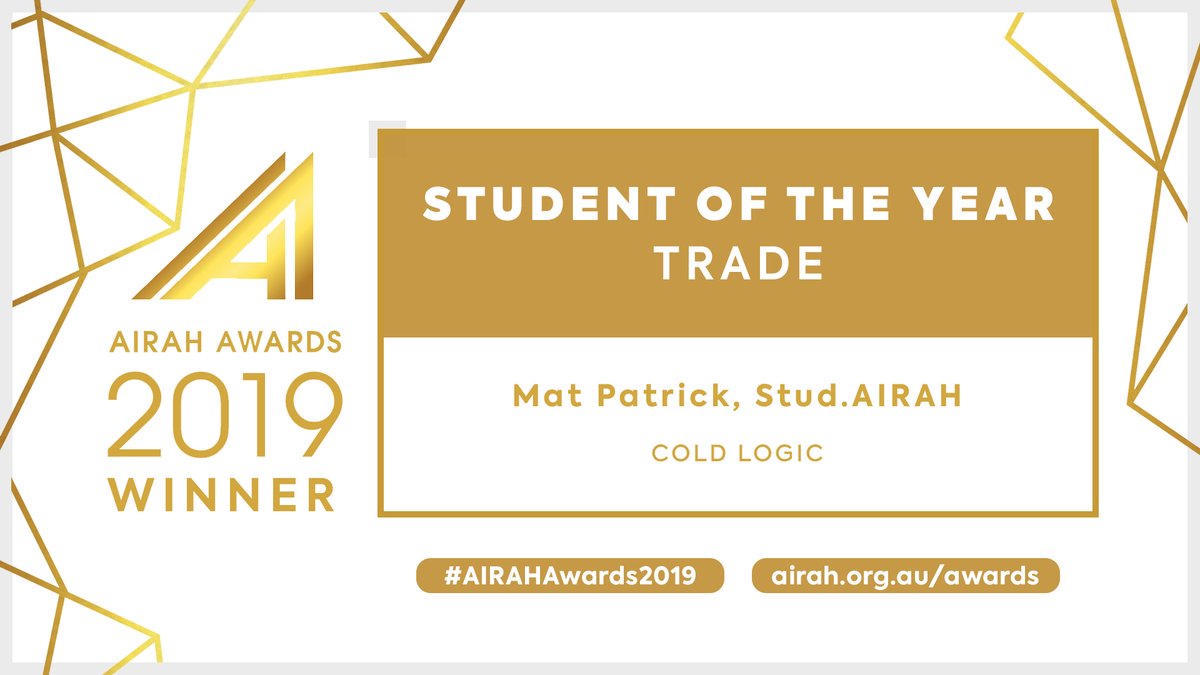 And the #AIRAHAwards2019 winner for Student of the Year – Trade, sponsored by <a href="/LG_Australia/">LG Australia</a>, is...

Mat Patrick, Stud.AIRAH, a third-year apprentice studying a Cert III in Refrigeration and Air Conditioning at <a href="/tafesa/">TAFE SA</a> and working at Cold Logic.

More info: bit.ly/33K5LYe