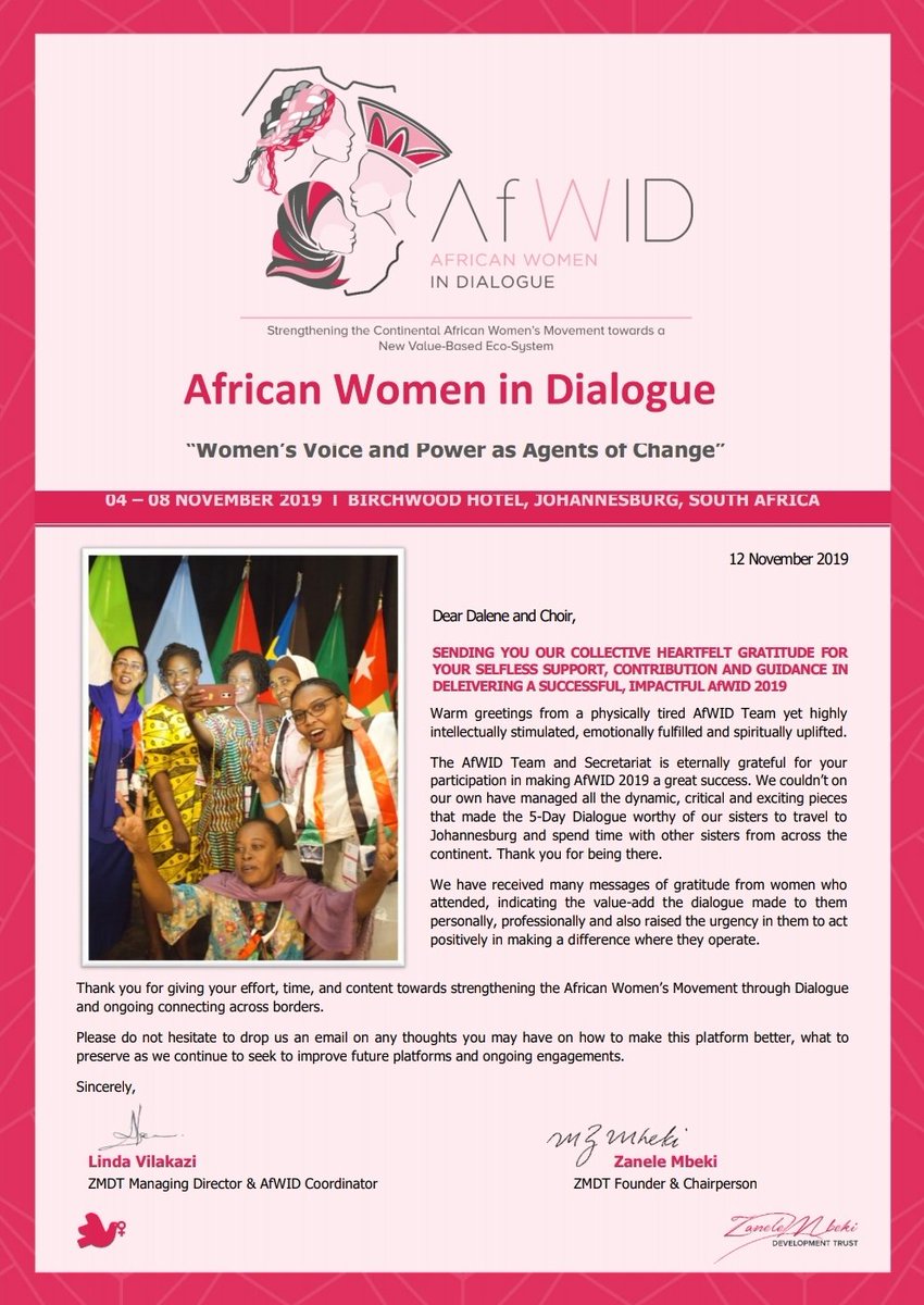 The_Choir_Jhb's tweet photo. "...Music never fails to unite nations and you and the choir made this possible" - Linda Vilakazi (MD, ZMDT). To the Zanele Mbeki Development Trust, thank you for trusting the Wits Choirs with the task of opening the @AfWIDafrica 2019 proceedings in song. #AfWID19 https://t.co/d7e6vZY12v