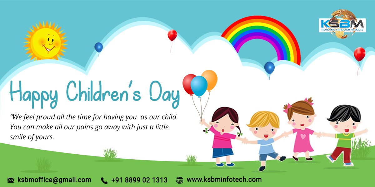ksbminfotech's tweet photo. KSBM Infotech wishing you all, a very Happy Children's day...

We feel proud all the time for having you  as our child. You can make all our pains go away with just a little smile of yours.

https://t.co/1X4zjrVVNx

#HappyChildrensday #futureYouth #happychildren #ChildrensDay2019 https://t.co/HSxNYNM3tL