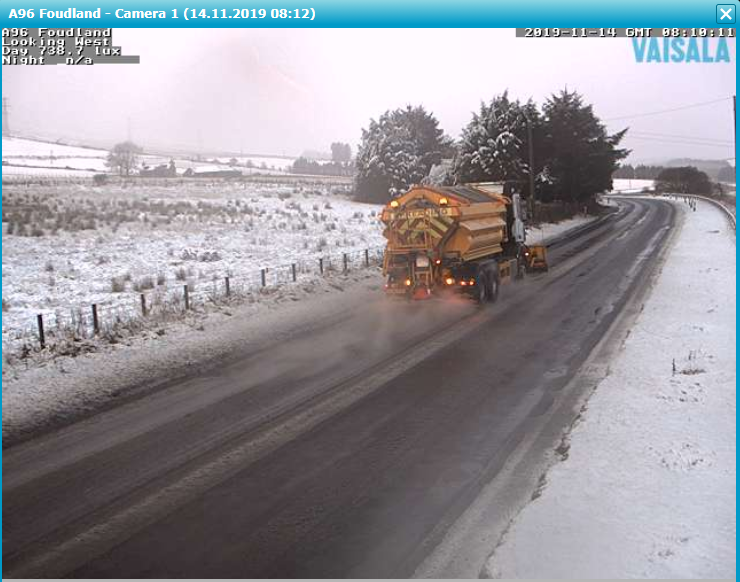 NETrunkRoads's tweet photo. SPOTTED: Traffic cameras have snapped one of our patrol spreaders working hard on the #A96 at #Foundland earlier this morning! We've still got 7 gritters out across the north east network at the moment - please #TakeCare if out! @trafficscotland โ๏ธโ๏ธ https://t.co/e2oELCFNCs