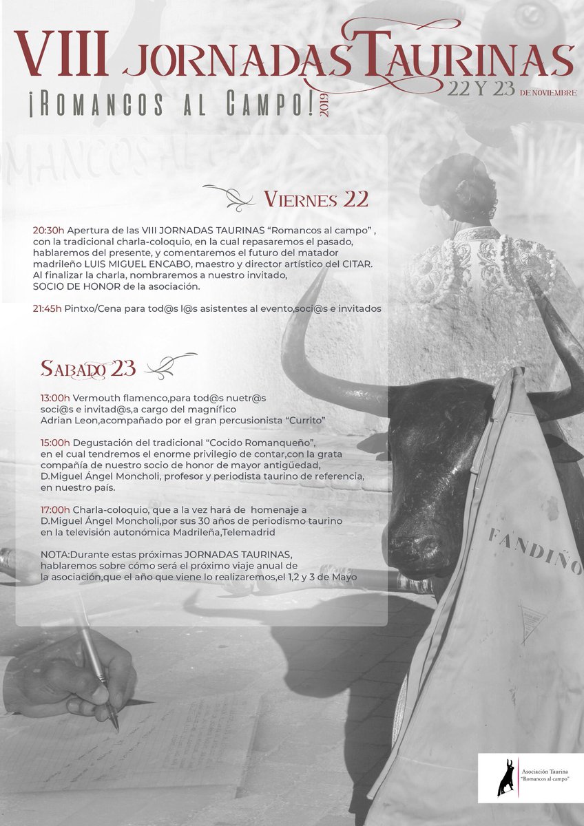 Buenos días amig@s,os presentamos el cartel oficial de las VIII JORNADAS TAURINAS <a href="/RomancosalCampo/">Romancos al Campo</a> ,donde los grandes protagonistas serán el matador y maestro del <a href="/CITAR_Escuela/">CITAR | CART</a> #LuisMiguelEncabo ,y el profesor <a href="/mmoncholi/">Miguel A. Moncholi</a> 
<a href="/tpt_tv/">Toros Para Todos</a> <a href="/burladerotv/">Burladero</a> <a href="/Guadanews_es/">Guadanews</a> <a href="/RobertoGomezOC/">RobertoGomez</a>
