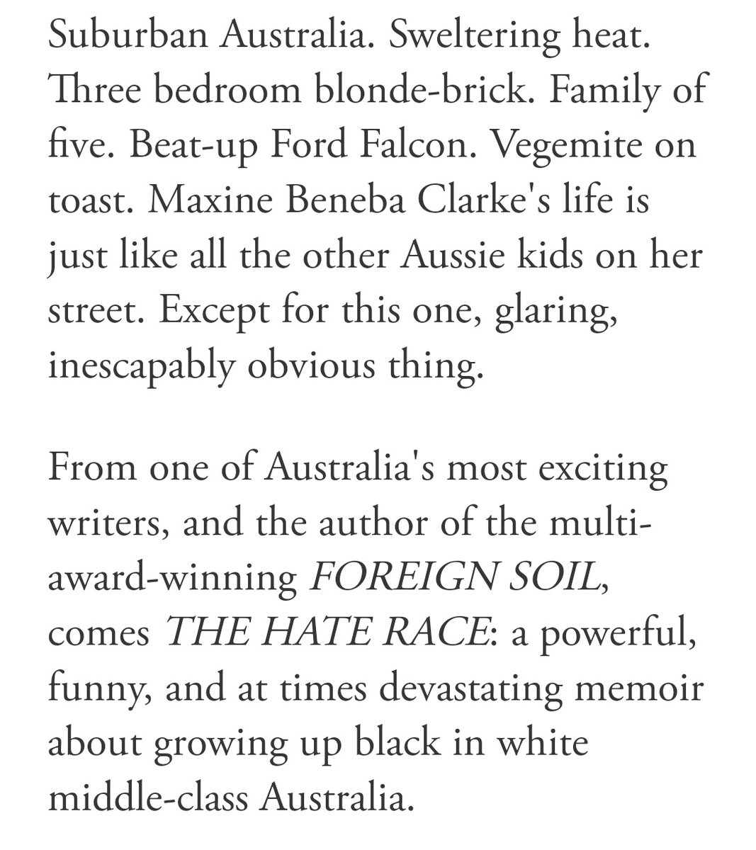 by contrast, here's a book by a female author that was set reading in one of my classes last semester: the hate race, by  @slamup (maxine beneba clarke):