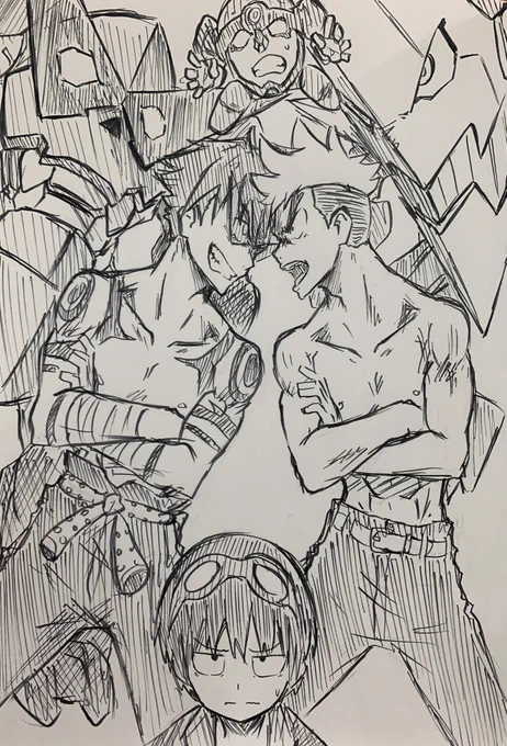 カミナとキタンの喧嘩
#天元突破
#グレンラガン
#カミナ
#キタン
#シモン
#グレン
#ラガン
#キングキタン
#イラスト 