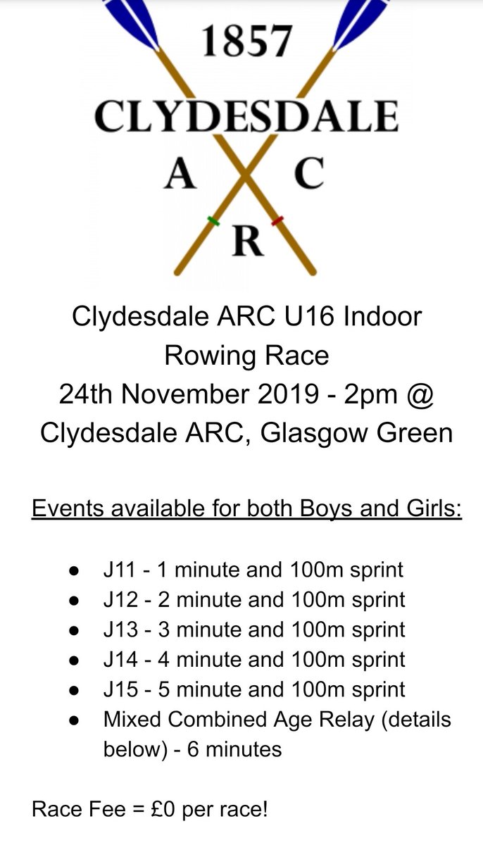 Entries close tonight for CARC U16 Indoor Rowing on 24th Nov from 2pm #indoorrowing email @JackBurnsRow: cldcoach@clydesdalearc.org.uk