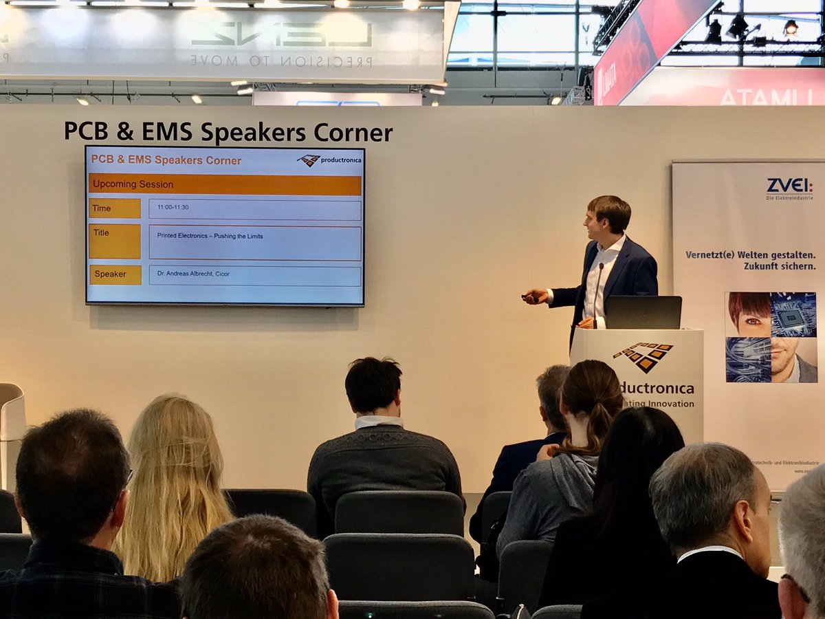 Have you attended the #PCB & #EMS Speakers Corner yesterday? 🤔 Make sure you stop by today! Now: Dr. Andreas Albrecht from @CicorGroup about printed electronics at hall B3. 🖨#prod19 #DontMissIt