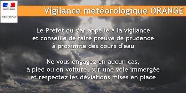14 novembre 2019, 11h : Le #Var en vigilance météorologique ORANGE pour pluie-inondation, orages &amp; vagues-submersion. L’Argens aval, le Gapeau &amp; la Nartuby en vigilance crue JAUNE. Prudence lors de tout déplacement. Infos sur vigilance.meteofrance.com/Bulletin_sans.… #METEO83 [RT svp]