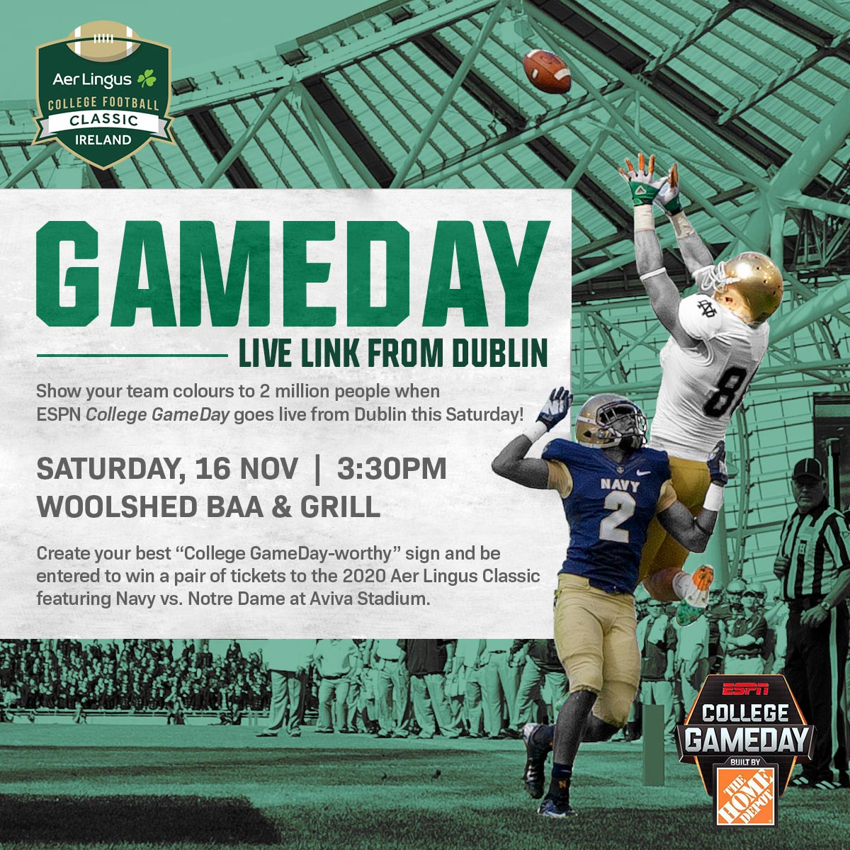 FailteIrl Int Media (@failteintmedia) on Twitter photo ESPN Gameday will broadcast LIVE from <a href="/woolshedbaa/">The Wool Shed</a> on Parnell Street from 15:30hrs this Saturday. Be part of a broadcast to over 2 million people, and be in with a chance to win tickets for the 2020 <a href="/AerLingus/">Aer Lingus</a> Classic between @ndfootball and <a href="/NavyFB/">Navy Football</a> at @avivastadium ESPN Gameday will broadcast LIVE from <a href="/woolshedbaa/">The Wool Shed</a> on Parnell Street from 15:30hrs this Saturday. Be part of a broadcast to over 2 million people, and be in with a chance to win tickets for the 2020 <a href="/AerLingus/">Aer Lingus</a> Classic between @ndfootball and <a href="/NavyFB/">Navy Football</a> at @avivastadium