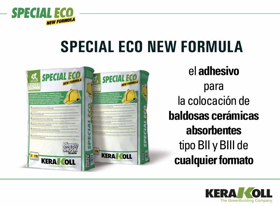 Descubre el nuevo Special Eco, adhesivo eco-compatible para la colocación de baldosas absorbentes de cualquier formato incluso en exteriores. Clasificado Rating 5, respetuoso con el medio ambiente. Tecnología Green. Seguimos.#kerakoll
