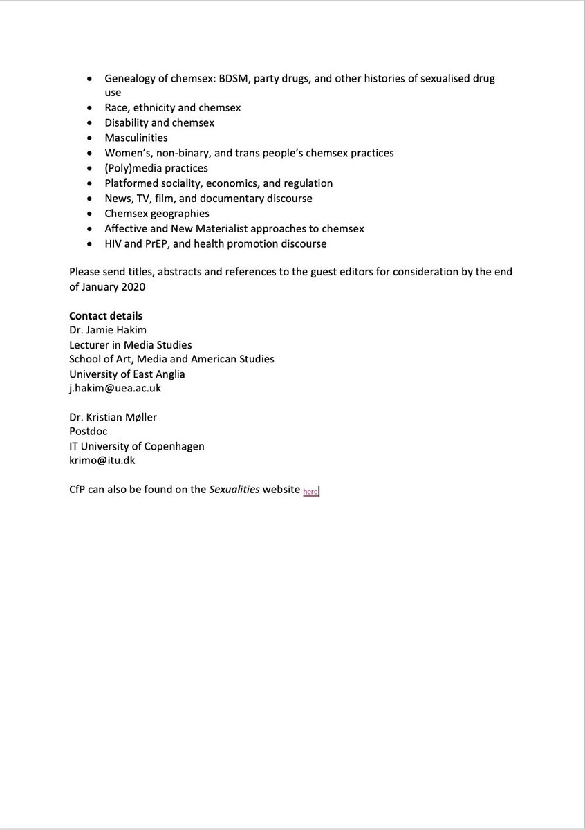 Our wonderful colleagues Jamie Hakim (of <a href="/digintimaciesUK/">DigitalIntimaciesUK</a>) and <a href="/kristianmj/">Kristian Møller</a> invite contributions to a special edition of Sexualities, 'Chemsex Cultures'. Deadline: 31st Jan 2020. For more information: journals.sagepub.com/pb-assets/cmsc…