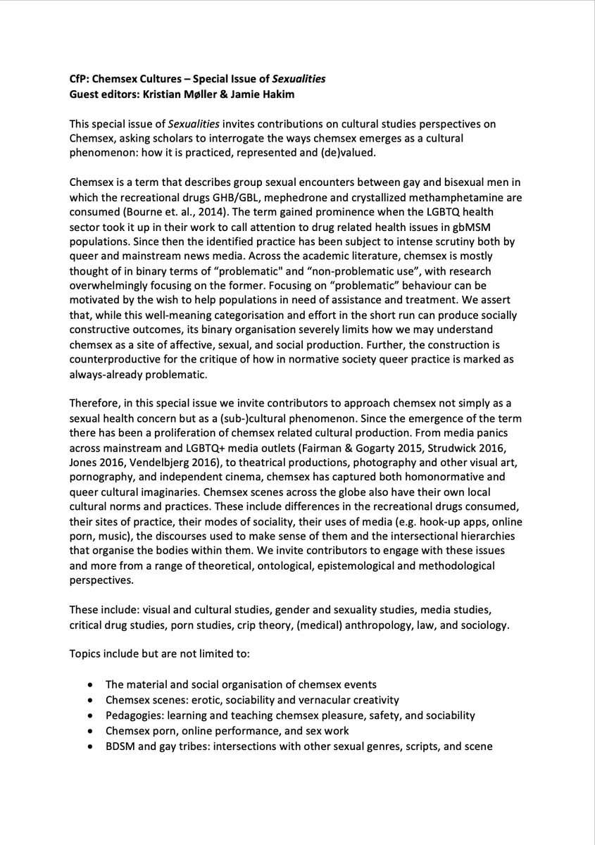 mascnet's tweet photo. Our wonderful colleagues Jamie Hakim (of @digintimaciesUK) and @kristianmj invite contributions to a special edition of Sexualities, 'Chemsex Cultures'. Deadline: 31st Jan 2020. For more information: https://t.co/2YpBnXqGCA https://t.co/nCxSY9sQ22