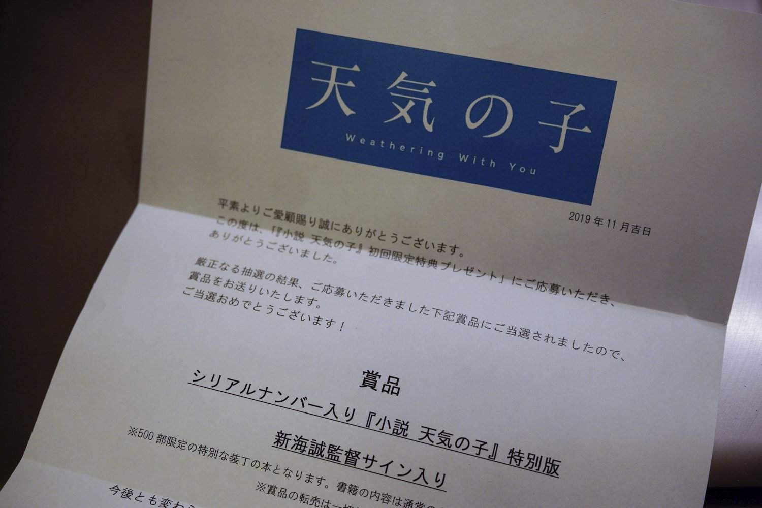 2020最新型 高品質 シリアルナンバー入り『小説 天気の子』特別版