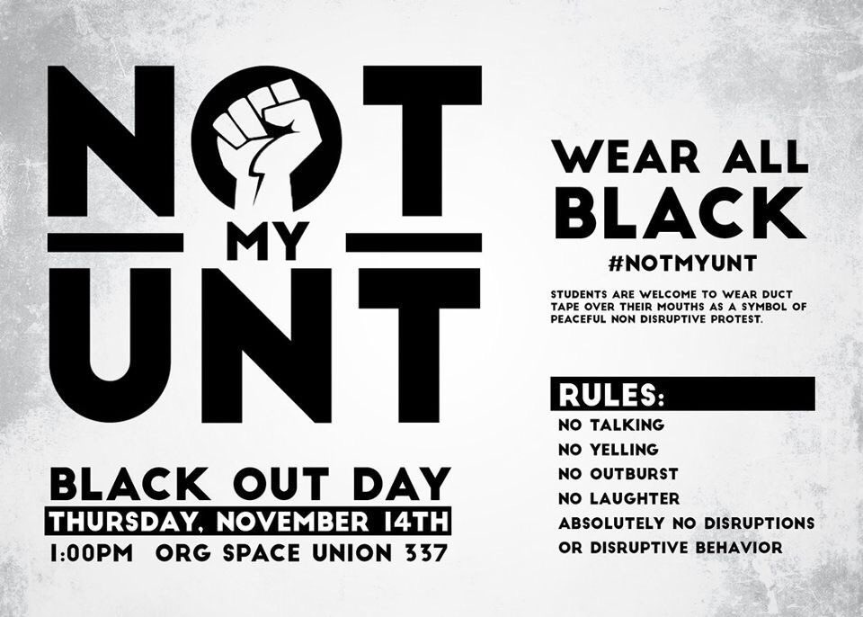 UNTLHSU's tweet photo. Open to ALL: In light of recent events, students want to send the message loud and clear: this is #NotMyUNT https://t.co/tqThVsxUlp
