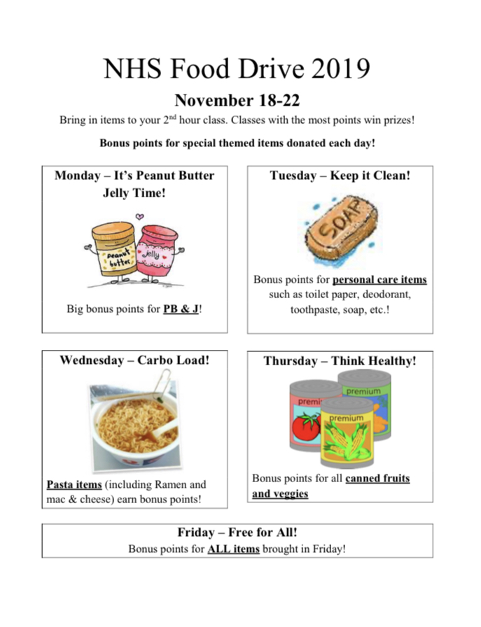 bbchsnhs's tweet photo. The NHS Food Drive is next week, Nov. 18th-22nd‼️ Bring any items into your 2nd hour to get points, classes with the most points will win prizes!🎉 https://t.co/Xy0f0DC8gF