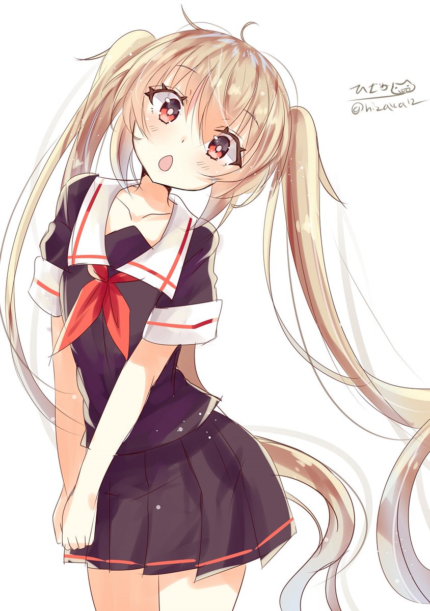 murasame (kancolle) 1girl twintails solo long hair school uniform serafuku white background  illustration images