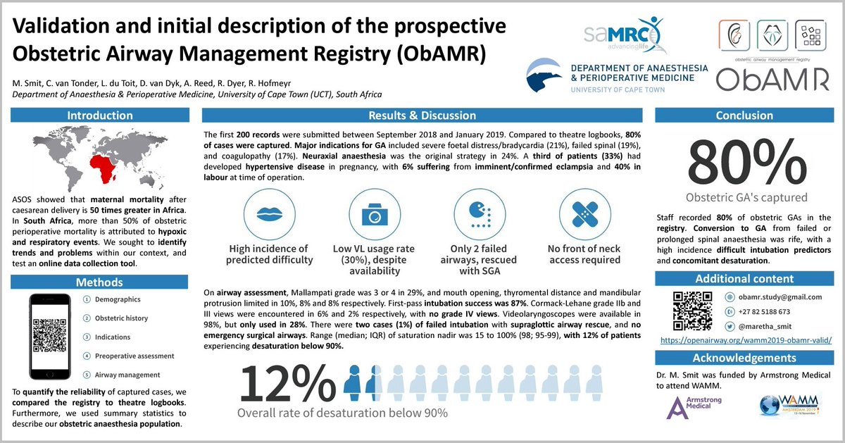 maretha_smit's tweet photo. ObAMR-VALID poster presented at #WAMMsterdam. Obstetric Airway Management is still a massive problem in Africa.

Next up will be ObAMR-DESAT on Saturday morning. Stay tuned....

#WAMMsterdam #WAMM_2019 #UCTanaesthesia @rosshofmeyr @3pwUd https://t.co/KXuLYueYJa