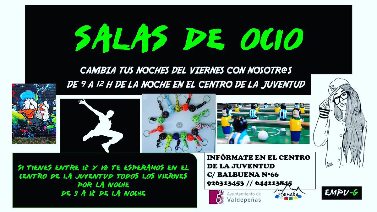 ValdeJoven's tweet photo. Mañana comenzamos con nuestras #salasdeocio 🎯🎳 .Gracias a @empugvaldepenas la #diversion 😃 y #entretenimiento 🤙 estarán asegurados los viernes. Ven a #centrojuventudValdepeñas 🙌 te esperamos!!!! C/ Balbuena 66
#finesdesemanaactivos 👏
#juventudvaldepeñas 💪 
#torneos 🎲 https://t.co/fK1dLyDsJ0