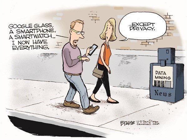 Man says: "Google glass, a smarthphone, a smartwatch... I now have everything." Woman replies: "...except privacy.""