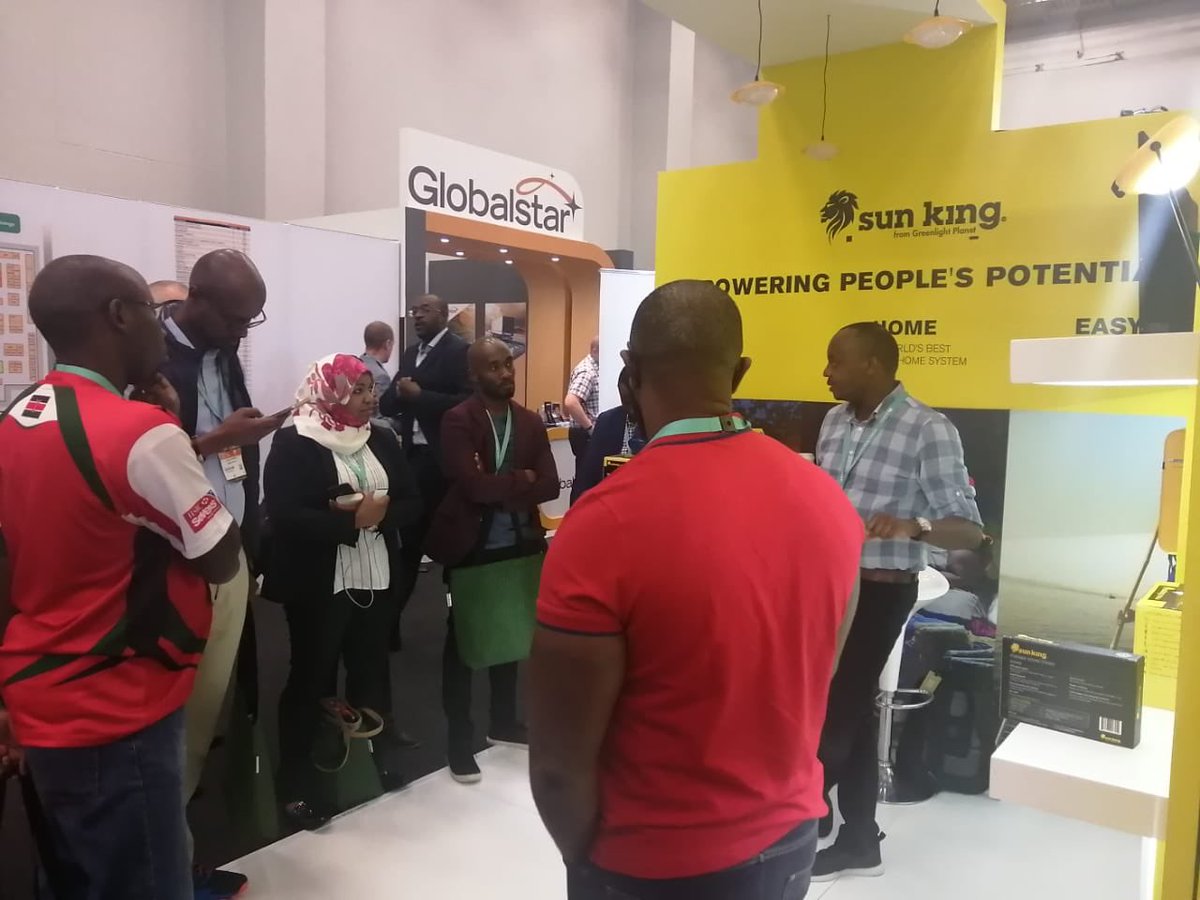SunKingGlobal's tweet photo. Day 3 of #AfricaCom2019 and our team was all smiles to talk about pay-go solar and how it helps keep mobile phone users active and connected at all times. Thank you Charles Wanjohi and the @SafaricomPLC Consumer Business Unit team for passing by our booth 🙂 https://t.co/aYfswLcR6Q