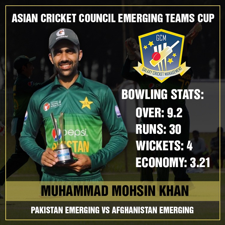 <a href="/MMohsin09/">Mohammad mohsin</a> Heroics Helps Pakistan Emerging Team as, PAK Emg defeated AFG Emg by eight wickets in the <a href="/ACCMedia1/">AsianCricketCouncil</a> #ETAC2019 match played at the S-K-Intl Cricket Stadium.
For his spell of 4-30, <a href="/MMohsin09/">Mohammad mohsin</a> got the Man of the Match Award.

#MuhammadMohsinKhan #PakU23vsAfgU23 #GCM
