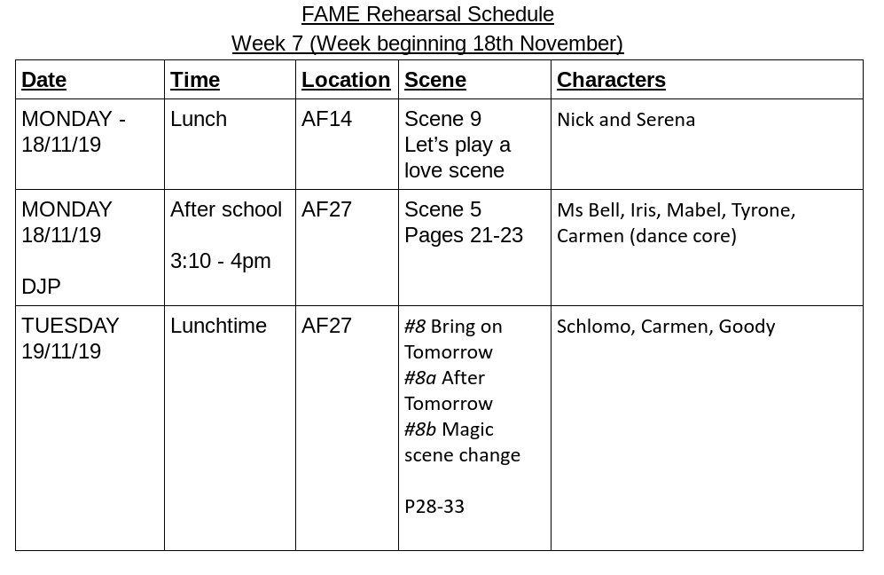 YJBPerform's tweet photo. Week 7 rehearsal schedule #fame #yjbperform @ysgoljohnbright https://t.co/zfU5gAx23T