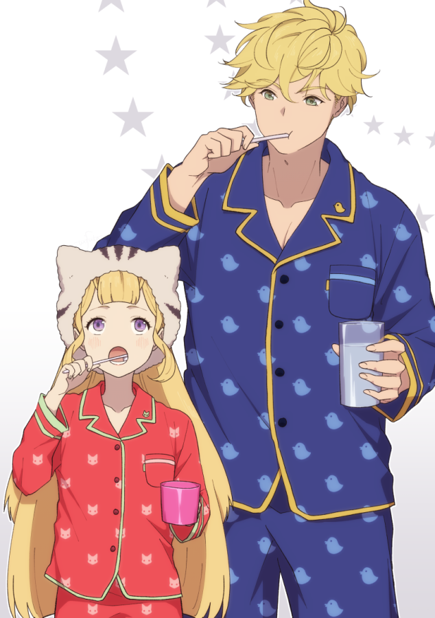 cagliostro (granblue fantasy) 1girl blonde hair 1boy long hair pajamas toothbrush purple eyes  illustration images