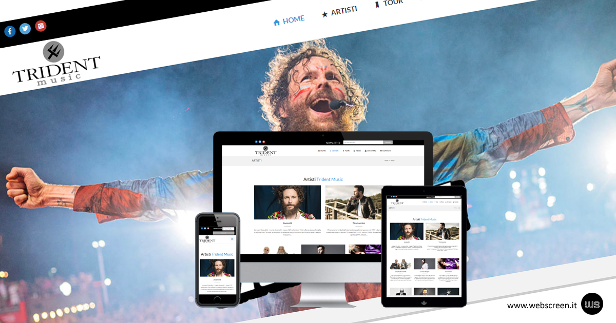 Sito web per Trident Music
realtà vertice dello shw business italiano ow.ly/rJa350x8GMl
Webscreen Web Digital Agency