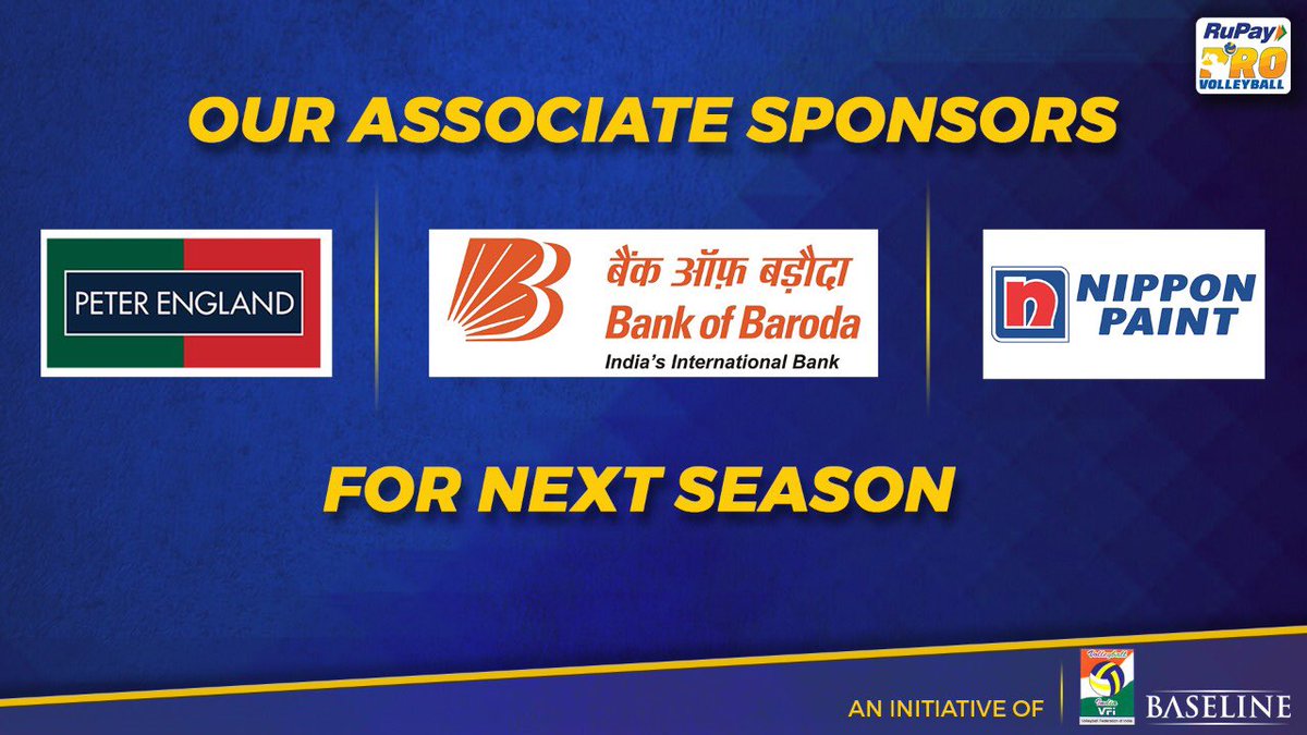 Here's announcing the Associate Sponsors! <a href="/PeterEngland_/">Peter England</a> and <a href="/bankofbaroda/">Bank of Baroda</a> are on board for the next two seasons with <a href="/NipponIndia/">Nippon Paint India</a> joining us for the #RuPayPVL Season 2. Stylish,Bankable and Colourful, we've got all bases covered 😉 Bring on the #ThrillKaCall already!