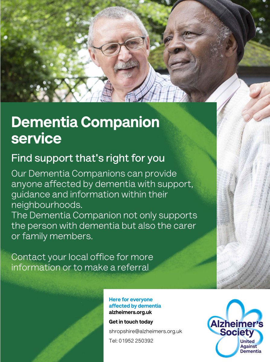 Lots of our carers look after someone with dementia.  Get in touch with the Alzheimers Society to find out more about Dementia Companions.