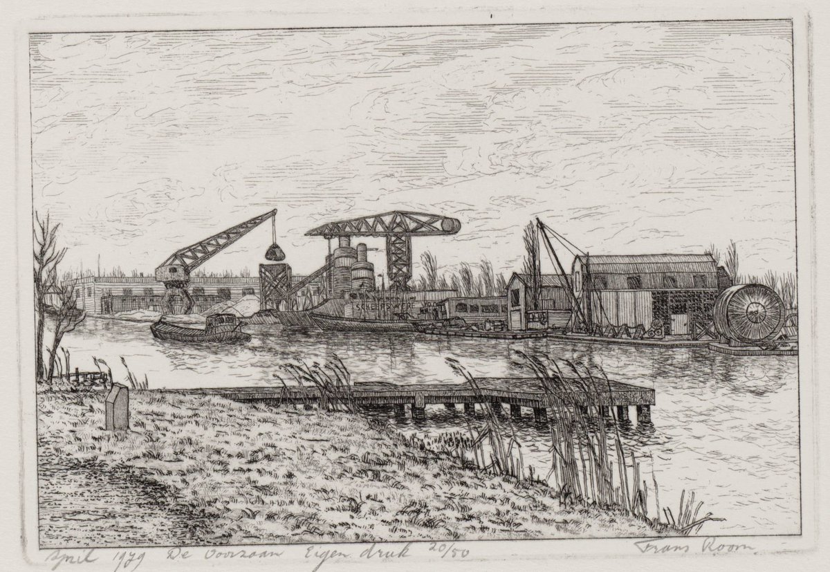ArchiefZaanstad's tweet photo. Scheepswerf Vooruit aan de Zuiddijk te #Zaandam met zware kranen, een ets van Frans Room uit 1979. De kunstenaar stond aan de Havenstraat en keek over de Voorzaan. #COLLECTIEVISSEN naar #ETSEN https://t.co/KYCytpFpPB