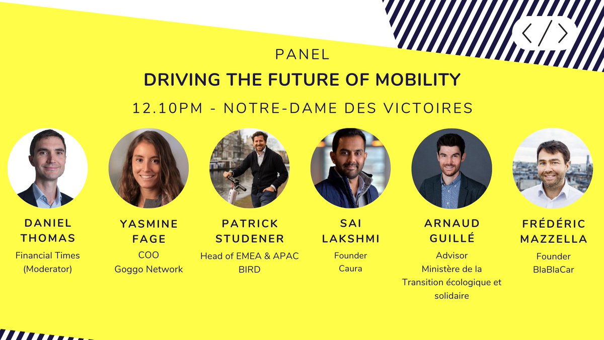Join <a href="/DanielThomasLDN/">Daniel Thomas</a> from <a href="/FT/">Financial Times</a>, <a href="/FageYasmine/">Yasmine Fage</a> from <a href="/GoggoNetwork/">Goggo Network</a>, <a href="/pstude/">Patrick Studener</a> from <a href="/BirdRide/">Bird</a>, <a href="/mazaic/">Fred Mazzella</a> from <a href="/BlaBlaCar/">BlaBlaCar</a>, <a href="/ArnaudGuille/">Arnaud Guillé</a> &amp; Sai Lakshmi from <a href="/caura/">Caura</a> at Notre-Dame des Victoires to hear the discussion around the future of #mobility! #GovTechSummit