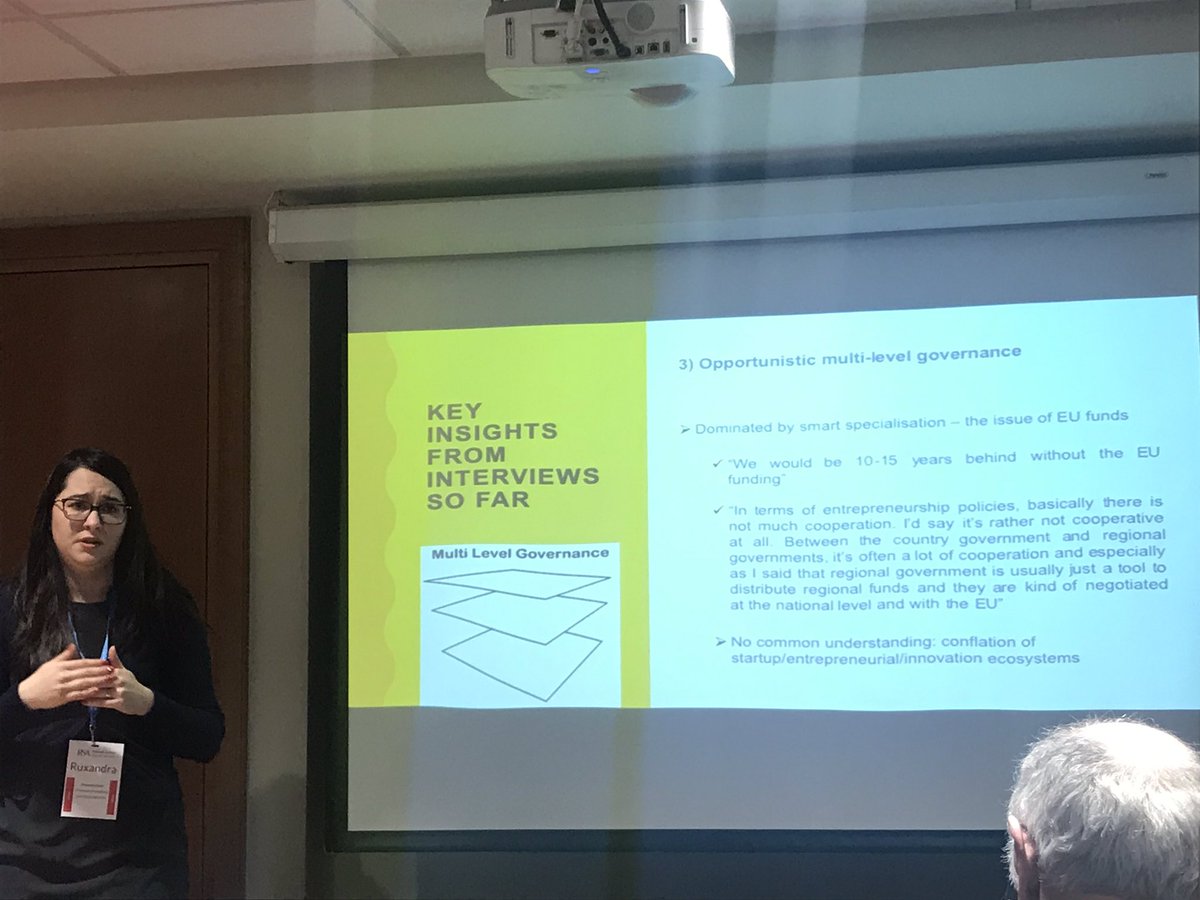 jamierwilson's tweet photo. Neat concept of ‘opportunistic multi-level governance’ introduced by @RuxandraJianu in her work on Polish entrepreneurial ecosystems - national govt using regions to obtain funding in framework of #smartspec, but little common understanding of regional ecosystem needs #RSAwinter https://t.co/cmjyJubKu6