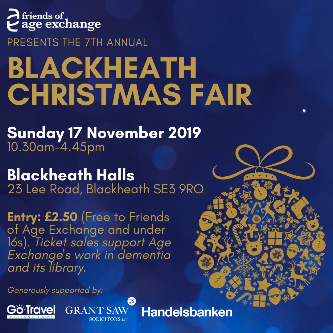 Save the date for the <a href="/FriendsofAE/">The Friends of AE</a> Blackheath Christmas Fair Sunday 17th November! 10:30 - 4:45pm. A wonderful community event for everyone 🎉🎊🎄All in support of local charity <a href="/Age_Exchange/">Age Exchange</a>